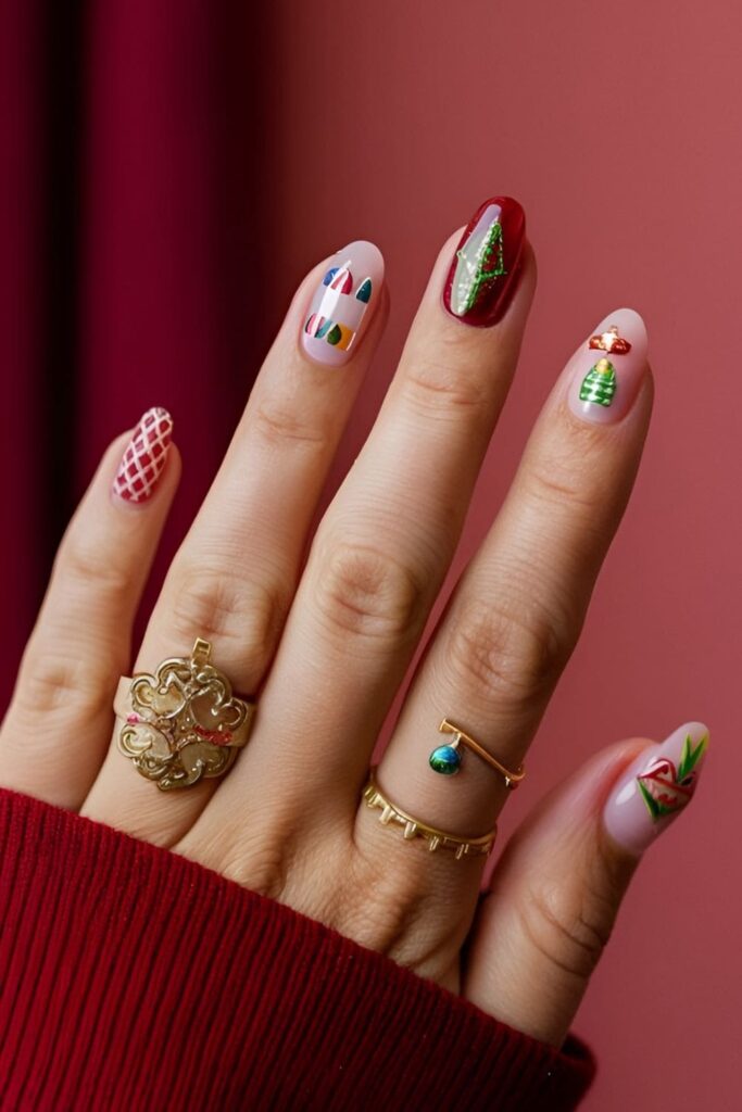 Acrylic nails featuring colorful and detailed Christmas ornaments, with one accent nail showcasing a detailed design