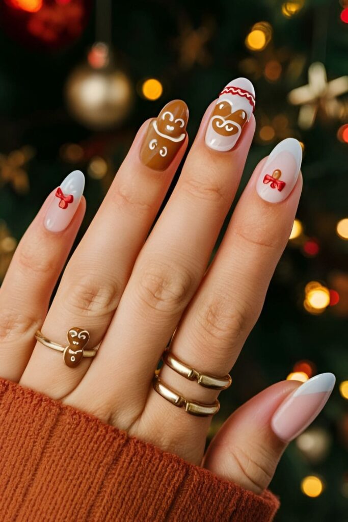 Acrylic nails featuring cute gingerbread men and small gingerbread details like buttons and icing