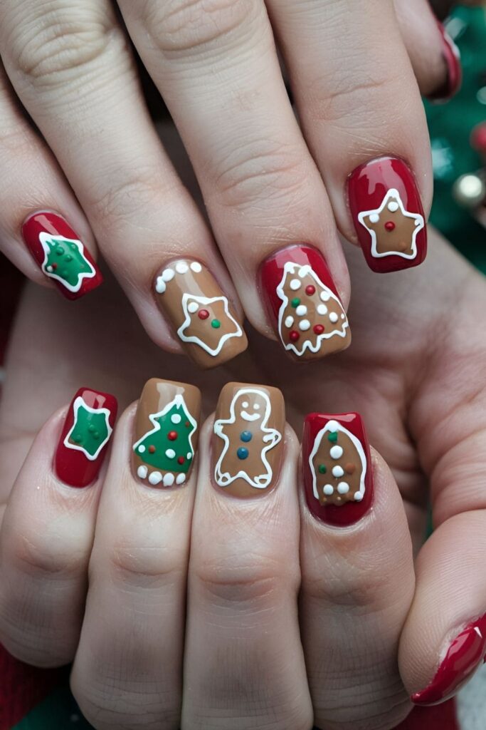 Acrylic nails with Christmas cookie shapes like stars, trees, and gingerbread men, with white frosting details