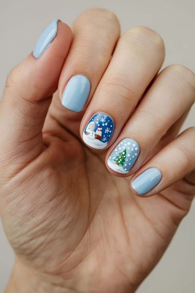 Acrylic nails with a tiny snow globe design on one nail, featuring a snowy scene inside