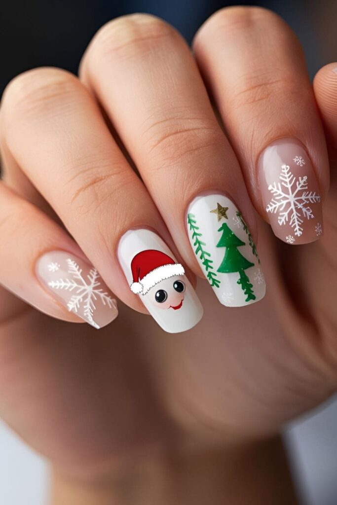 Acrylic nails with red tips resembling Santa hats, complete with small white pom-poms and trims