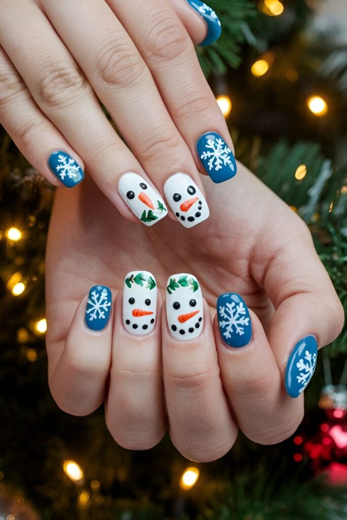 Acrylic nails with snowman faces on one or two nails, with small eyes, carrot noses, and coal smiles