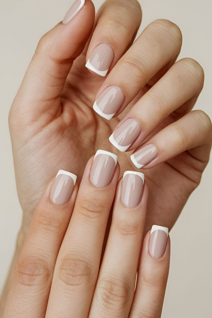 Classic nude nails featuring white French tips, offering a timeless and elegant manicure suitable for formal occasions