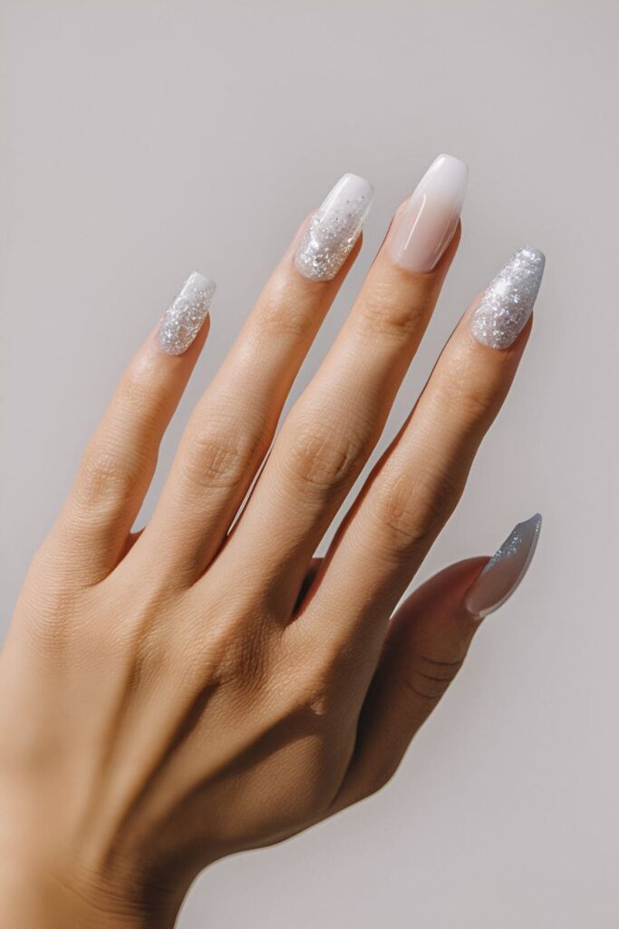 Glossy icy blue nails with subtle white snowflake details, perfect for a cool winter look