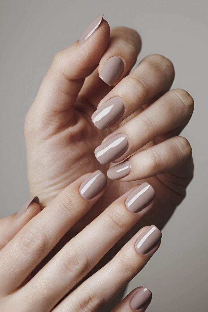 Glossy nude nails reflecting light, with a smooth, polished finish that enhances their sleek and sophisticated appearance