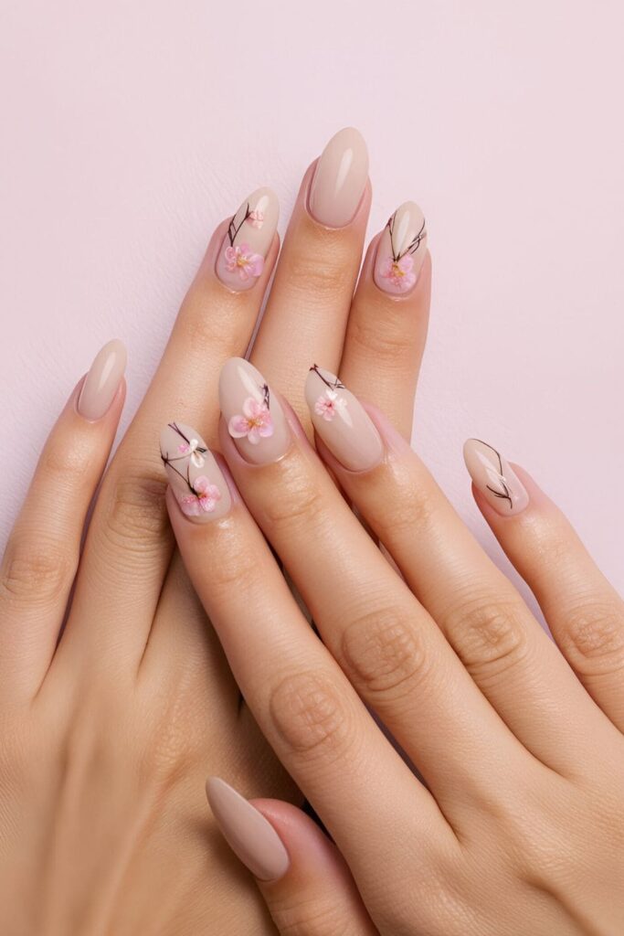 Nude nails featuring dainty cherry blossom accents on a soft pink base, adding a feminine and delicate floral touch