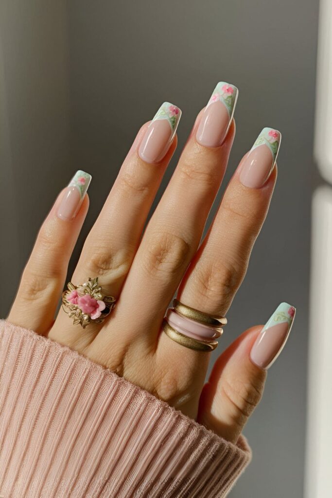 Nude nails with delicate floral French tips in soft pastel shades, offering a fresh and charming manicure perfect for spring or summer