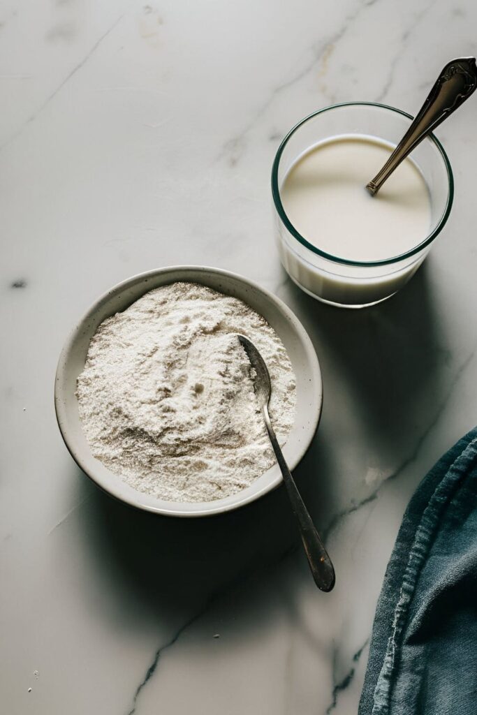 A bowl of rice flour next to a glass of milk, with a spoon dipping into the mixture on a marble countertop