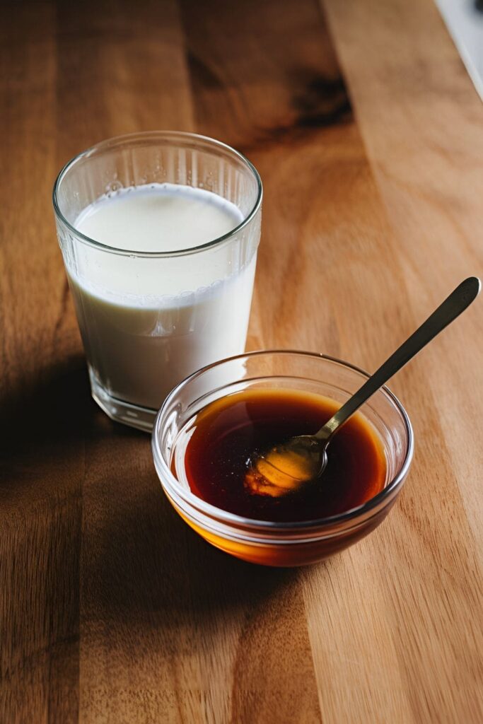 A glass of milk next to a bowl of honey, with a spoon stirring the mixture on a wooden table