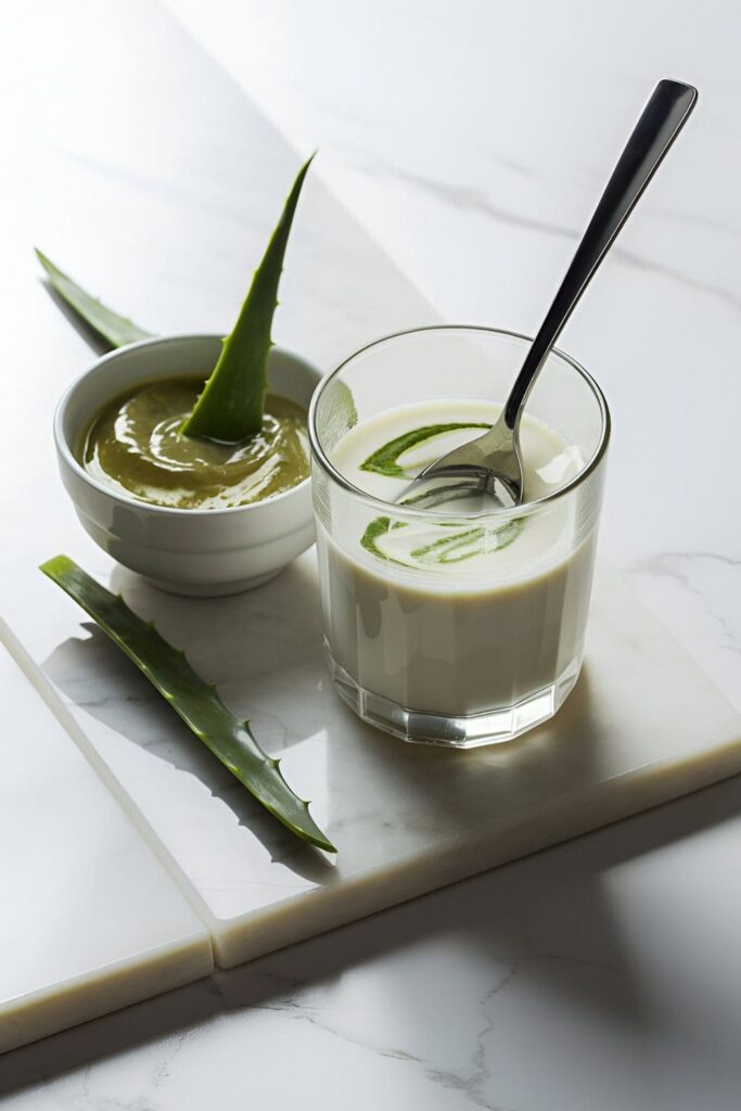 A small bowl of aloe vera gel next to a glass of milk, with a spoon mixing them on a marble surface