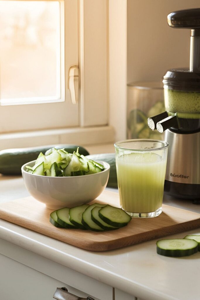 Bowl of grated cucumber and glass of cucumber juice, with cucumber slices and a juicer on a kitchen counter in soft natural light