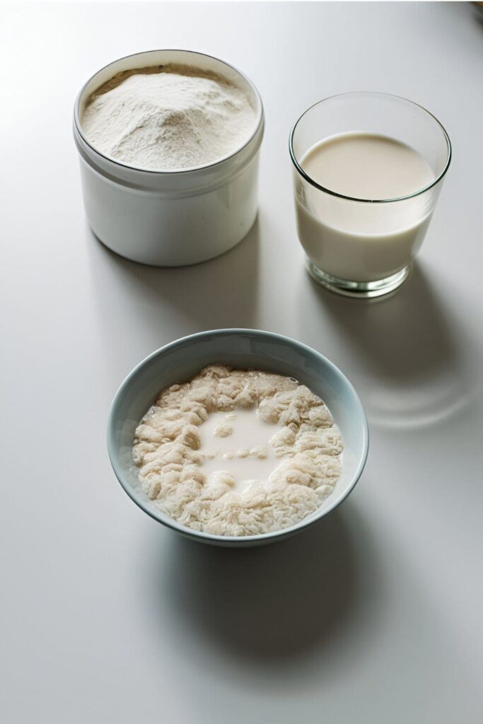 Bowl of rice flour and milk mixture with a rice flour container and a glass of milk on a clean kitchen counter