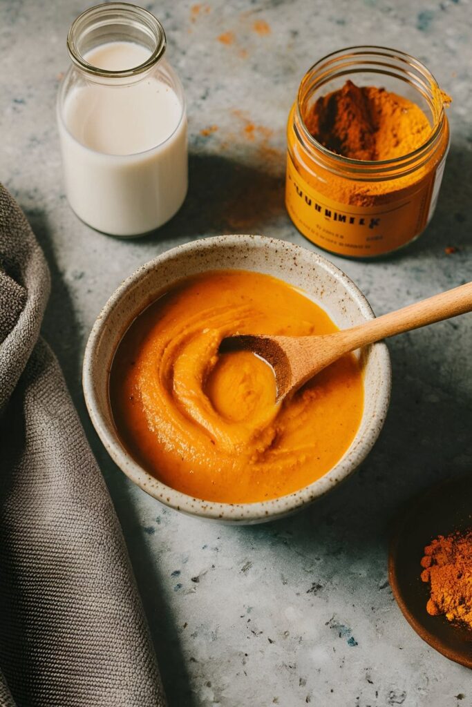 Ceramic bowl filled with turmeric and milk paste, with a bottle of milk and turmeric powder on a kitchen counter