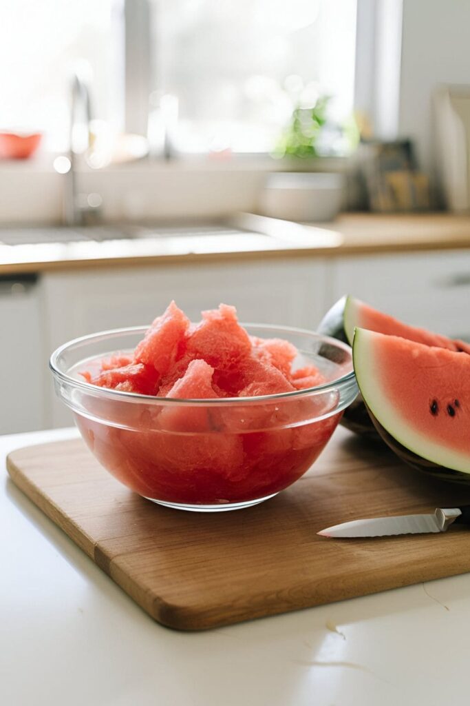 Clear bowl of fresh watermelon pulp, with watermelon slices and a knife on a wooden cutting board in a bright kitchen