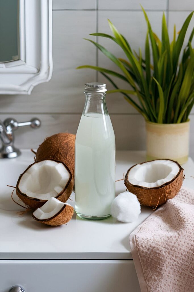 Fresh coconut water in a bottle next to a cotton ball and halved coconuts on a bathroom vanity with a towel