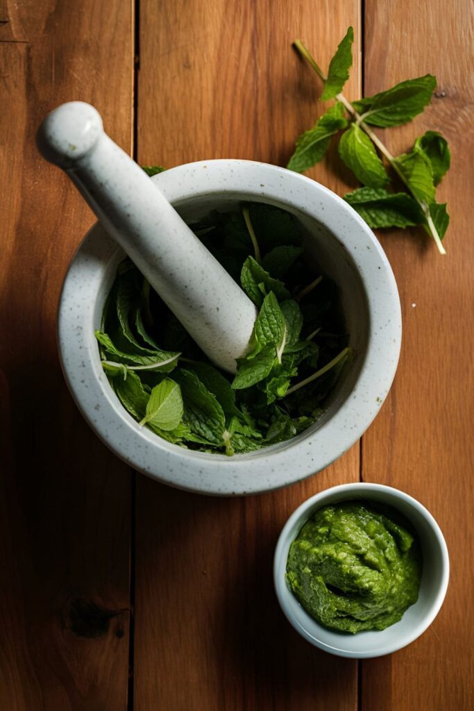 Fresh mint leaves being ground in a mortar and pestle, with a small bowl of mint paste on a wooden kitchen table