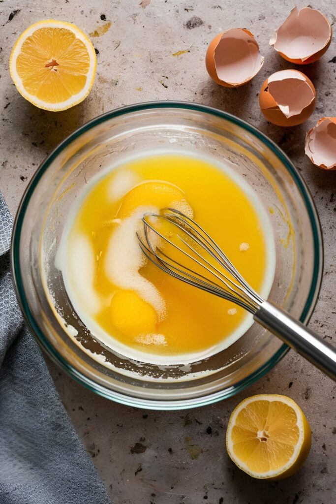 Glass bowl of egg white and lemon juice mixture, with a whisk, cracked eggshells, and a sliced lemon on a kitchen countertop