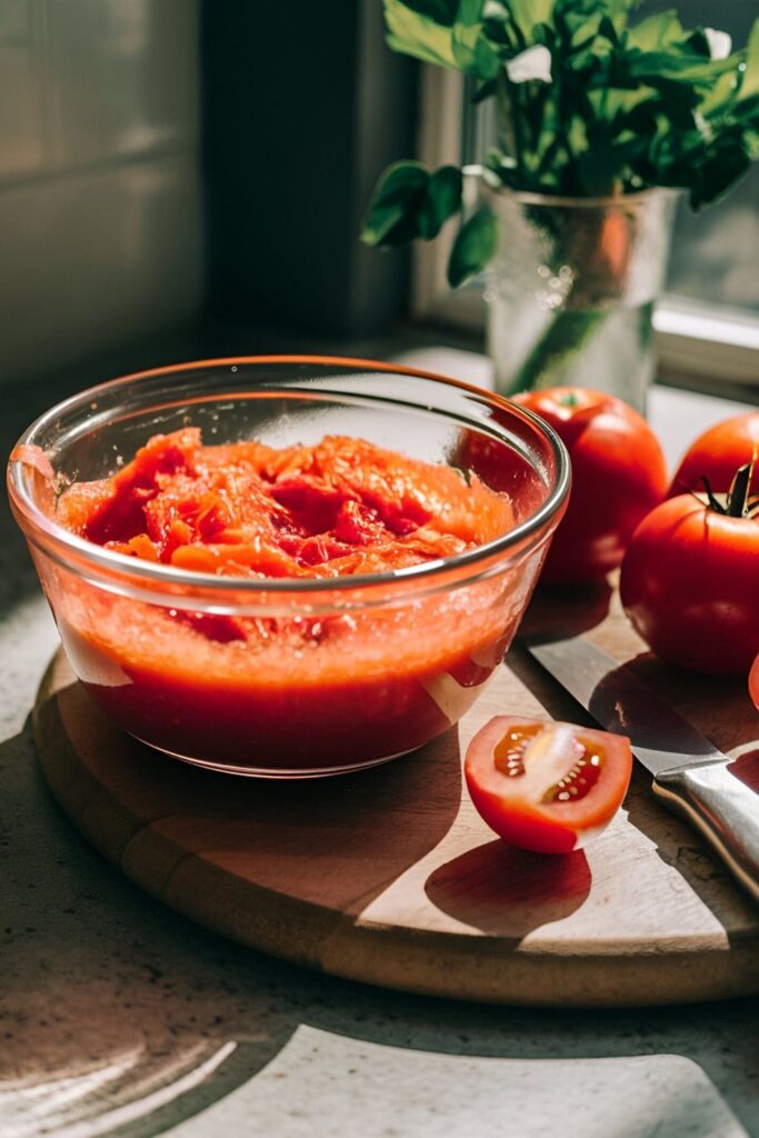 Glass bowl of fresh tomato pulp, with whole tomatoes and a knife on a wooden cutting board on a kitchen counter