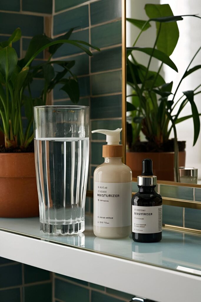 Glass of water, bottle of moisturizer, and hydrating serum neatly arranged on a bathroom shelf with indoor plants