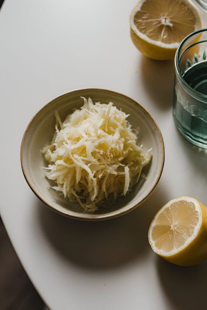 Grated potato with juice in a dish, next to a lemon wedge on a white kitchen table