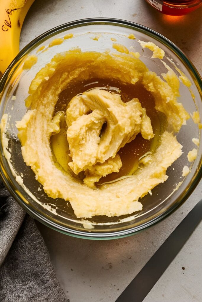 Mashed banana and honey mixture in a glass bowl, with whole bananas and a honey jar on a kitchen counter