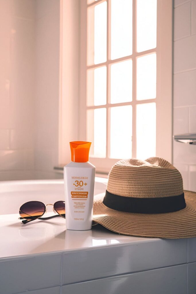 SPF 30+ sunscreen bottle on a white bathroom counter next to sunglasses and a sunhat in a well-lit indoor space