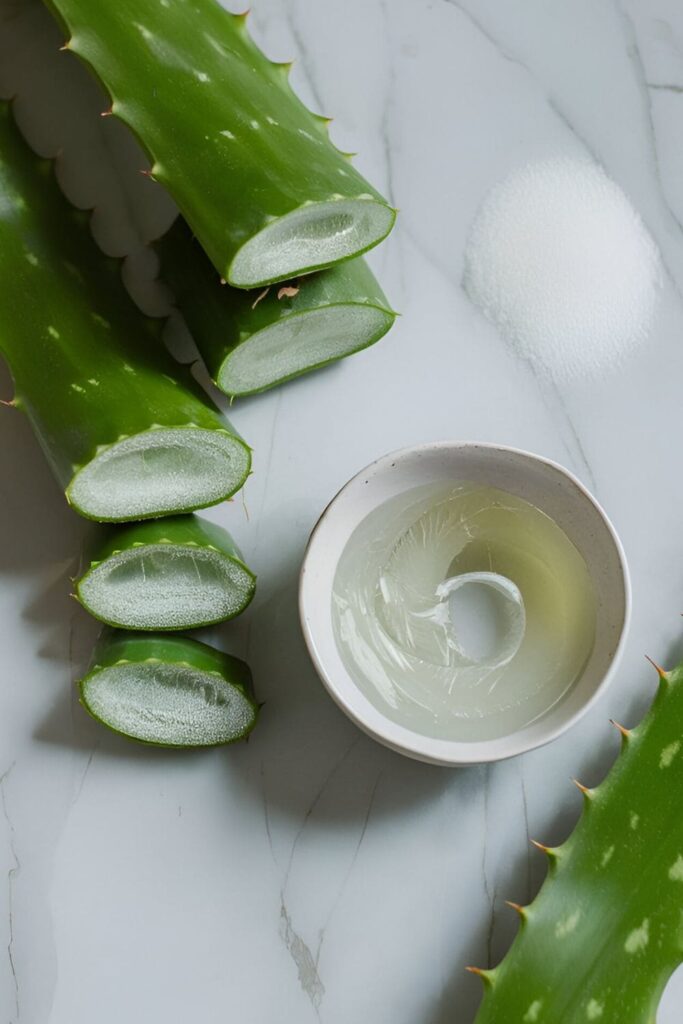 Sliced aloe vera leaves on a marble bathroom counter with a small bowl of clear aloe gel in a bright indoor setting