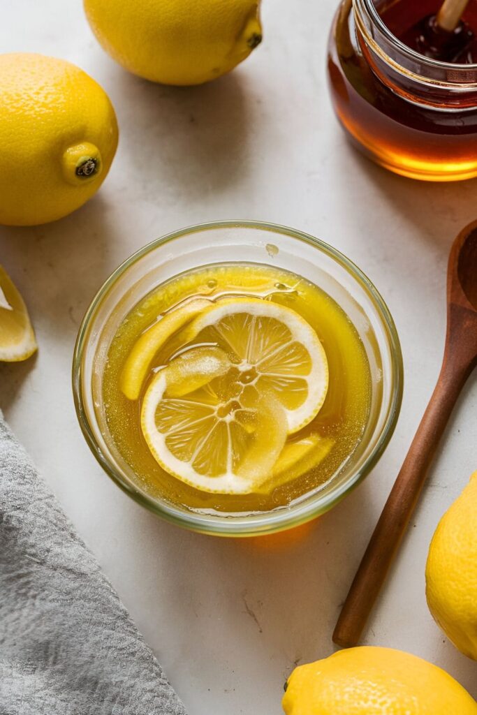 Small glass bowl of lemon and honey mix, surrounded by whole lemons, a jar of honey, and a wooden spoon on a kitchen counter