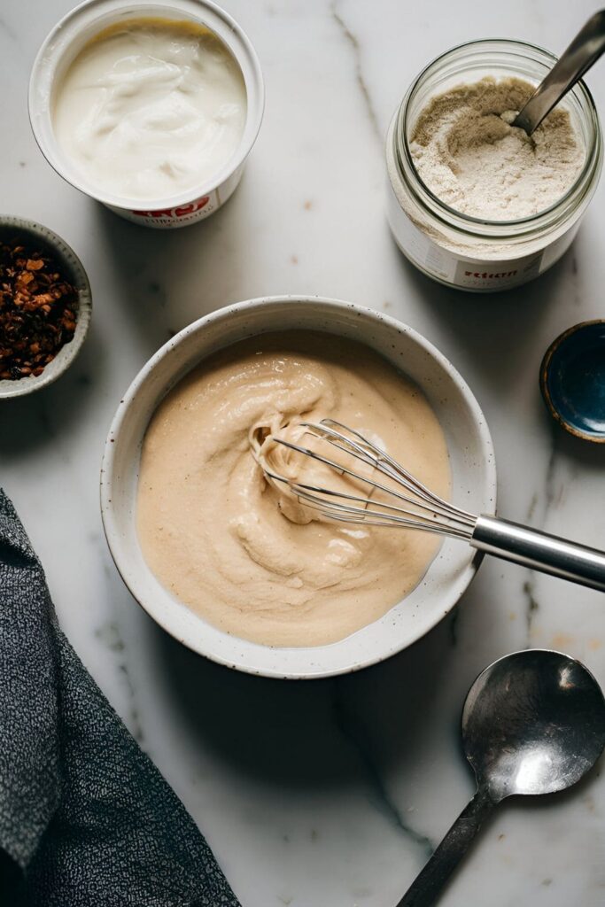 Thick yogurt and gram flour paste in a small bowl, with a whisk, yogurt container, and gram flour jar on a marble kitchen island