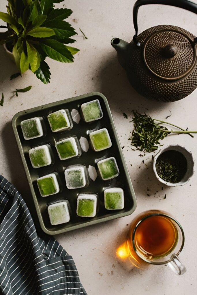 Tray of frozen green tea ice cubes next to a teapot, fresh green tea leaves, and a glass of brewed tea on a kitchen counter