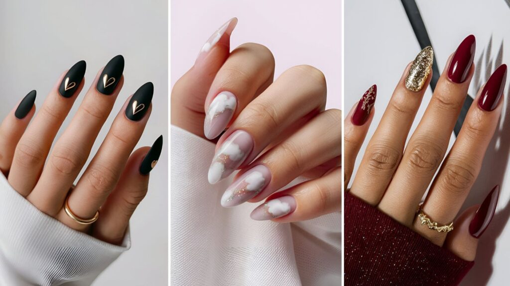 Collage of 3 images of Almond Nails looking extremely Jaw-dropping