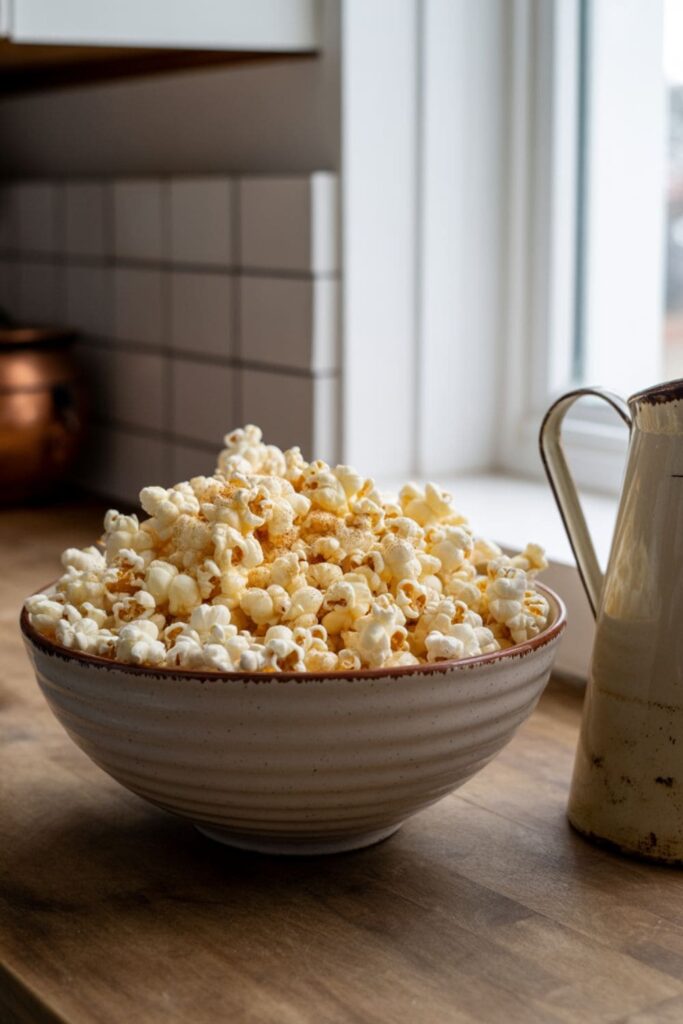 A bowl of air-popped popcorn with a drizzle of olive oil and seasoning on the side