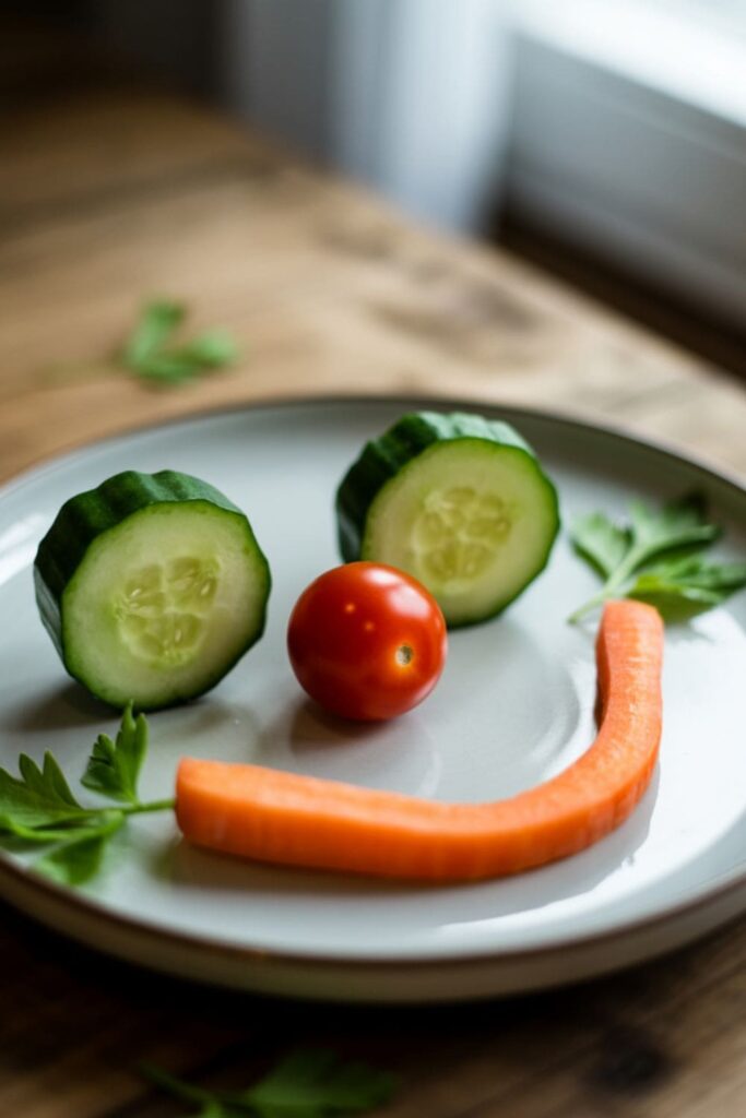 A fun veggie face made with cucumber slices, carrots, and cherry tomatoes