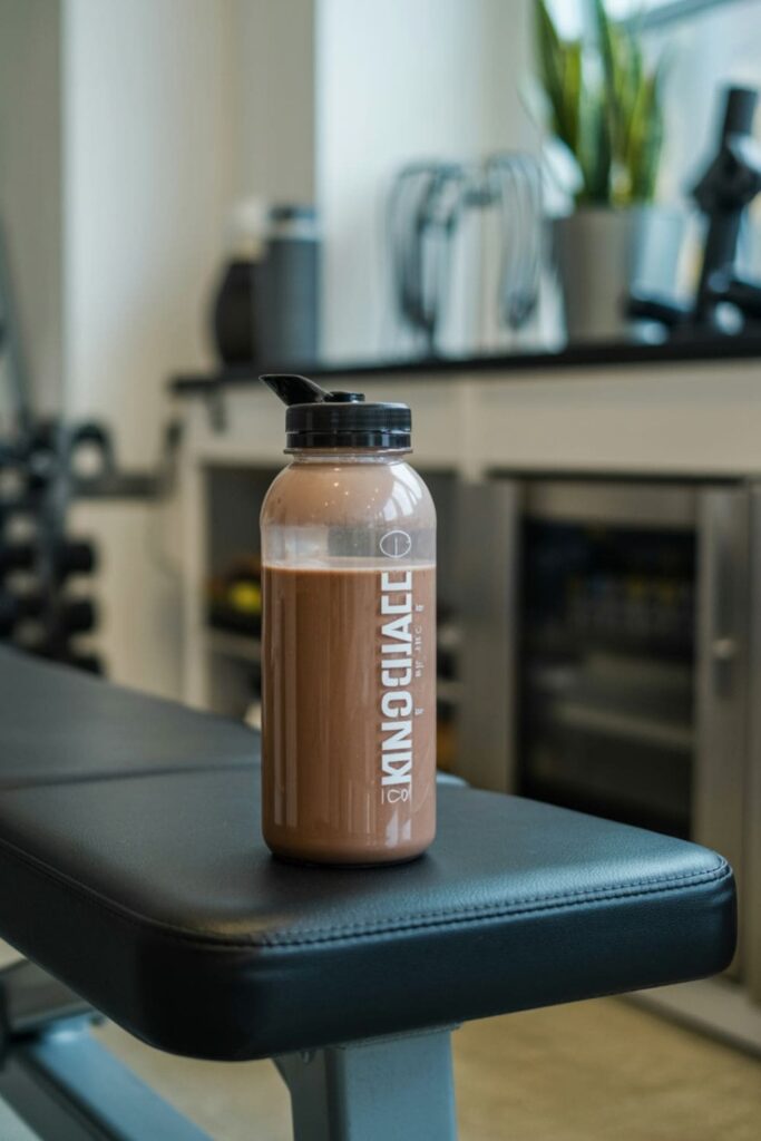 A glass of cold protein shake with banana, protein powder, and ice cubes around it