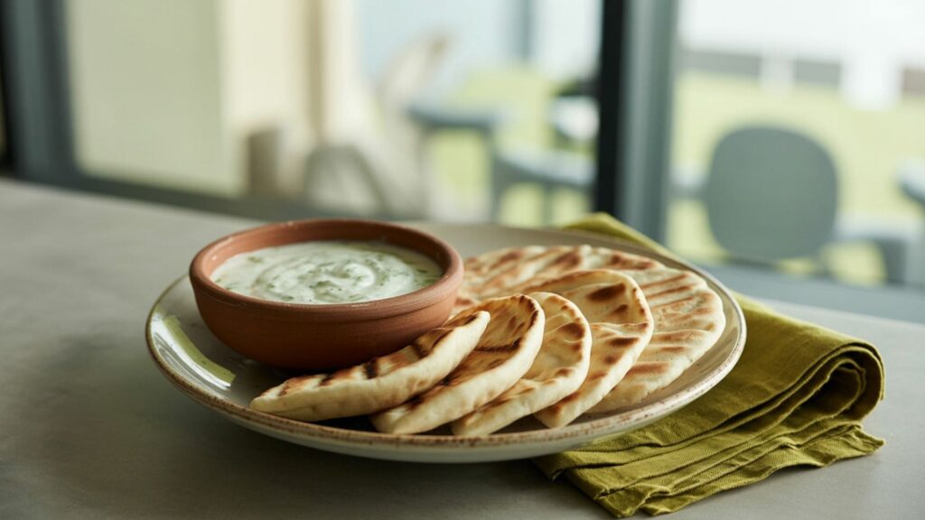 A photograph of a ceramic white plate showcasing a carefully arranged display of warm pita bread alongside a rustic terracotta bowl of creamy tzatziki sauce.