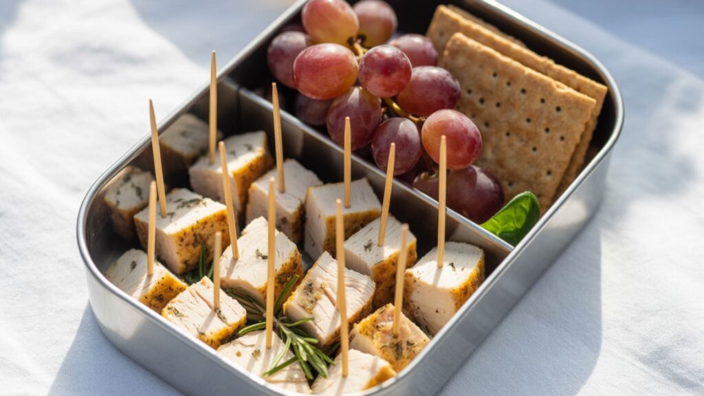 A photograph of a divided lunch container filled with precisely arranged components for a healthy meal.