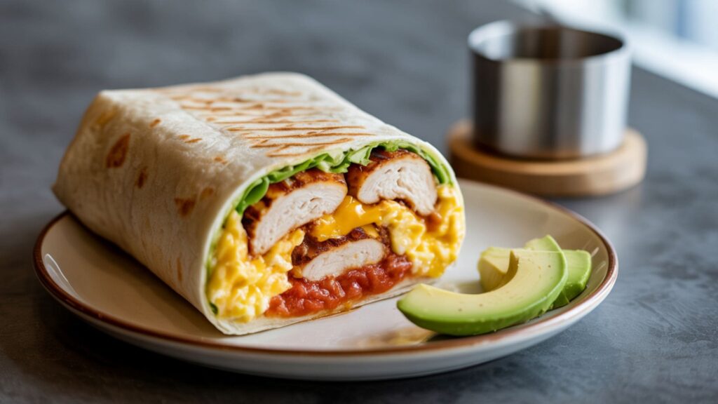 A photograph of a perfectly sliced open burrito, dramatically lit against a dark gray concrete surface