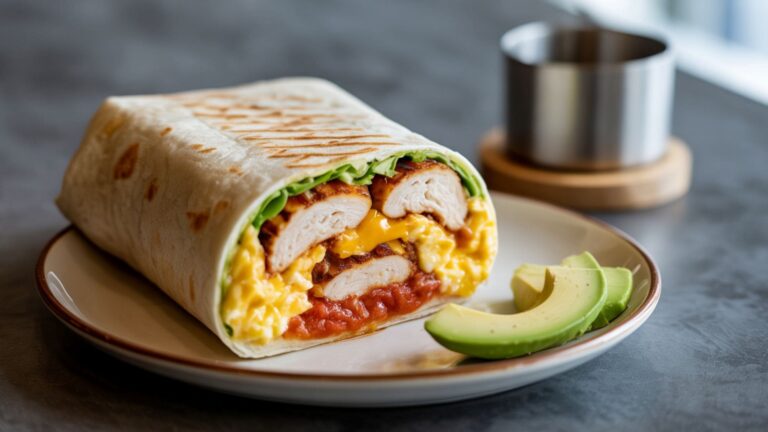 A photograph of a perfectly sliced open burrito, dramatically lit against a dark gray concrete surface