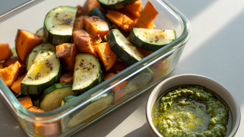 A photograph of a refrigerated glass container holding a colorful mix of roasted sweet potatoes and zucchini
