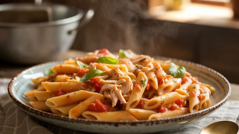 A photograph of a rustic ceramic plate piled high with steaming penne pasta in a warm, inviting Italian kitchen