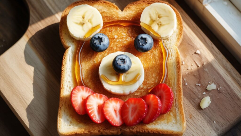 A photograph of a single slice of golden-brown toast artfully arranged to resemble a charming bear face.