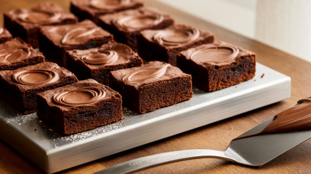 A photograph of fudgy brownie squares neatly arranged on a brushed silver cooling rack.