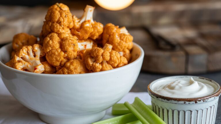 A photograph of golden-brown buffalo cauliflower bites