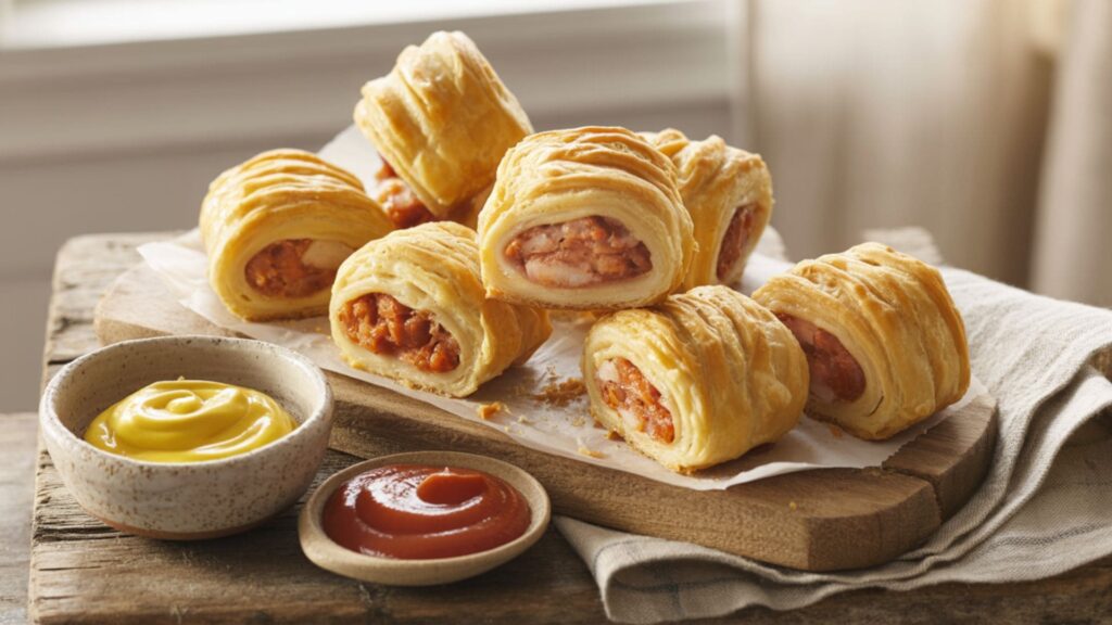 A photograph of golden-brown puff pastry sausage rolls artfully arranged on a weathered wooden board.