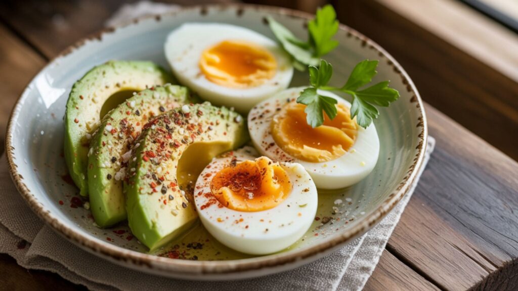 A photograph of halved hard-boiled eggs and freshly chopped avocado artfully arranged in a small, weathered ceramic bowl with a slightly irregular rim.