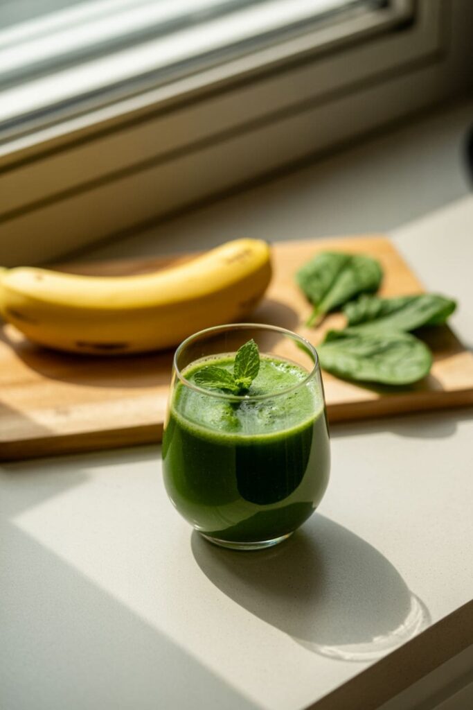 A small smoothie made with berries, banana, and spinach in a glass with ingredients nearby