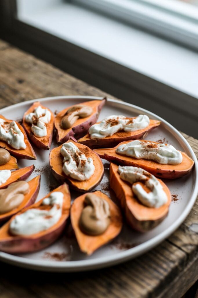 Sweet potato slices topped with yogurt and cinnamon arranged on a plate.
