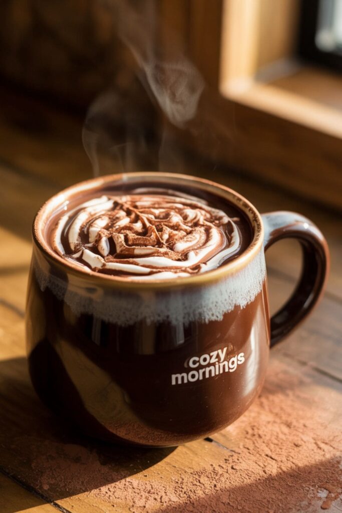 A warm mug of Nutella smoothie topped with a cinnamon swirl