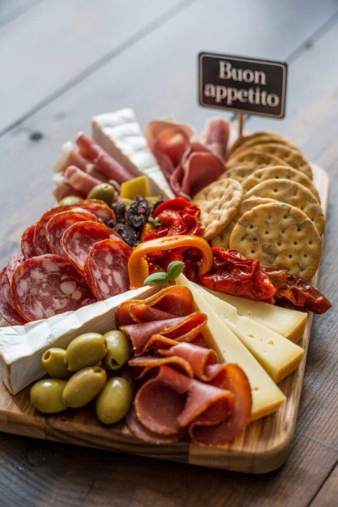 Antipasto platter with cured meats, cheese, olives, roasted peppers, and crackers