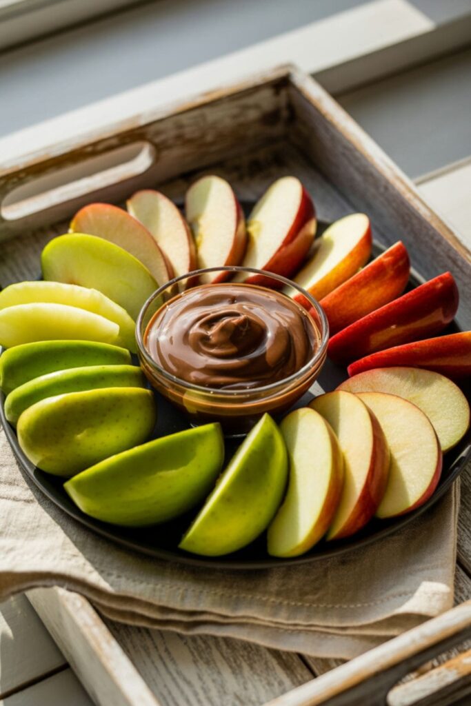 Apple slices served with a small bowl of Nutella for dipping